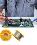Technician using No Clean Solder Wire For Electrical Soldering And Do It Yourself Pro Grade Precision Repairs 1mm Diameter 50g 60 40 Tin Lead Alloy with Low Melting Point And High Conductivity For Electronics And Stained Glass Projects with yellow reel for electronics circuit board repair