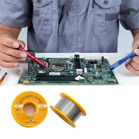 Technician using No Clean Solder Wire For Electrical Soldering And Do It Yourself Pro Grade Precision Repairs 1mm Diameter 50g 60 40 Tin Lead Alloy with Low Melting Point And High Conductivity For Electronics And Stained Glass Projects with yellow reel for electronics circuit board repair