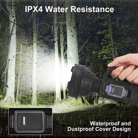 Beast Mode Brightness Rechargeable Spotlight Flashlight with IPX4 water resistance in a wooded outdoor setting