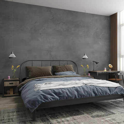 Bedroom interior with DIY Friendly Dope Look Concrete Peel And Stick Wallpaper With 3D Texture Vinyl Matte Finish on wall.