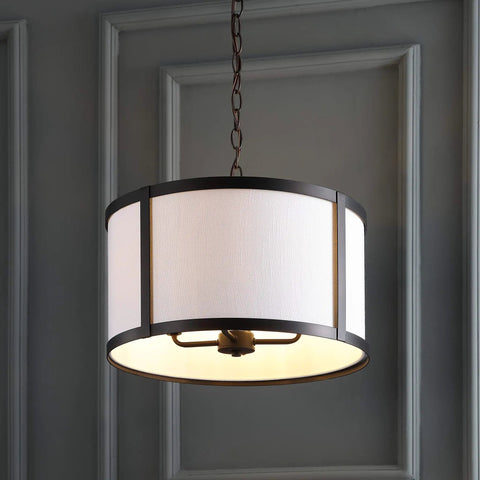 Oil Rubbed Bronze LED Pendant Light For Kitchen Island With White Linen Drum Shade Modern Transitional Ceiling Fixture
