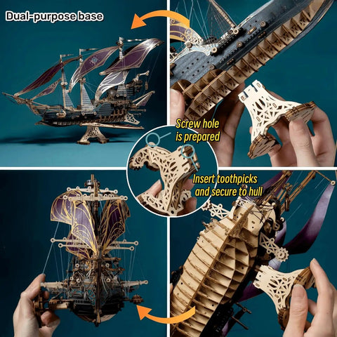 Assembling the Vintage Steampunk DIY Mechanical Model Kit for the Corsair Airship in Deep Green with dual-purpose base.