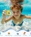 Boy using Pool Toy And Underwater Camera For Kids 99ft Waterproof Action Camera With 1080P Video And 20MP Photos Flip Lens.
