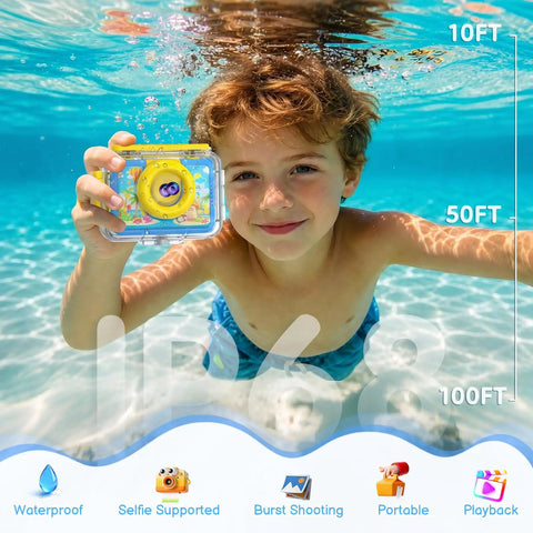 Boy using Pool Toy And Underwater Camera For Kids 99ft Waterproof Action Camera With 1080P Video And 20MP Photos Flip Lens.