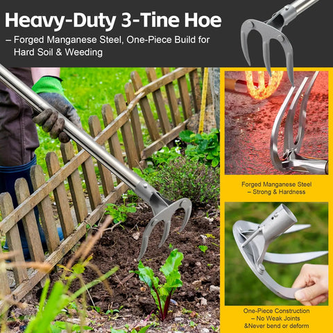 Long-Handle 62-Inch Cultivator Hand Rake With 3-Tine Heavy-Duty Carbon Steel D Grip in garden near fence