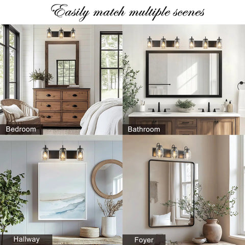 Mason Jar Vanity Glass Wall Lights Black Wall Sconce For Bathroom Farmhouse Decor, Modern Rectangular Backplate Mount, Lit Ambient Glow For Living Room Bedroom Kitchen Powder Room And Hallway