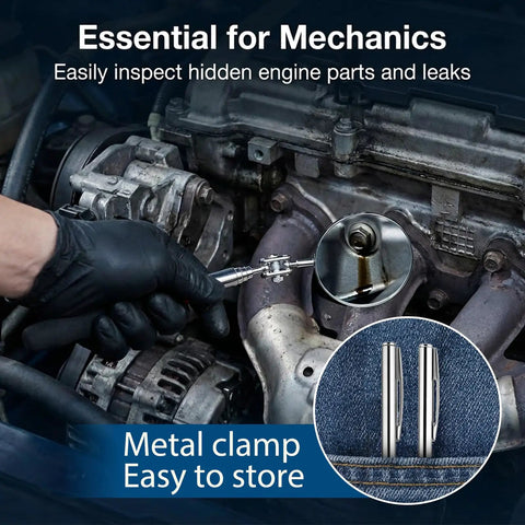 Mechanic using a Three Piece Stainless Steel Extendable Mechanic Mirror Set With Telescoping Rotating Head Inspection Mirrors on engine.