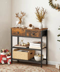 Ultra Slim 29.5 Inch Console Table With 3 Tier Storage, Two Fabric Drawers, Behind Sofa For Space Saving Entryway Or Living Room Setup, Rustic Brown And Black, decorated with festive ornaments.