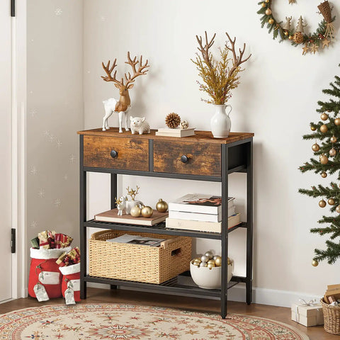 Ultra Slim 29.5 Inch Console Table With 3 Tier Storage, Two Fabric Drawers, Behind Sofa For Space Saving Entryway Or Living Room Setup, Rustic Brown And Black, decorated with festive ornaments.