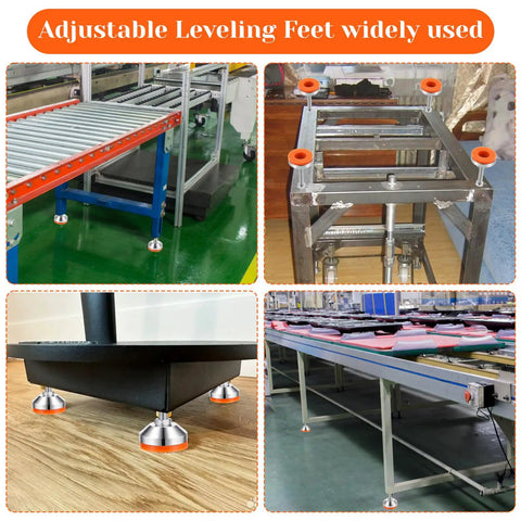 4 Pack Beefy Stainless Steel Leveling Feet, Heavy Hitter Adjustable Shock Absorbing Pads For Industrial Machines, Retail Racks And Furniture, 2.36 Inch Base, Drop Dead Stable Design used on various industrial surfaces.