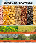 Collage of seeds and farming areas demonstrating uses for Hand Push Seeder With Visible Seed Hopper Equidistant 10 Stainless Steel Duckbill Seed Dispenser