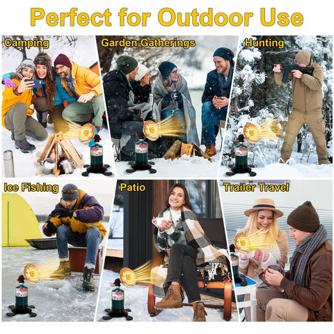 Portable Propane Heater For Outdoors, Cordless Radiant Camp Heater with Foldable Tank Holder shown in various outdoor settings.