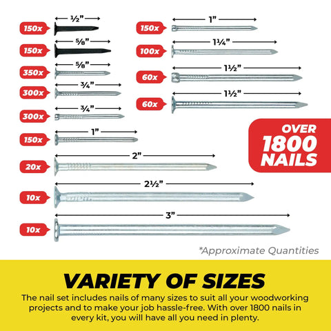 Ultimate Nail Assortment Kit With Over 1800 Multipurpose Nails In 11 Sizes Non Bendable And Sturdy Compact Organizer Box