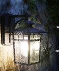 Modern Black Exterior Porch Light Wall Mount Lantern in rain showing waterproof and frost-resistant features.