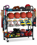 All-In-One Garage Sports Organizer With Rolling Wheels, Built Tough 4 Tier Gear Rack holding diverse sports equipment