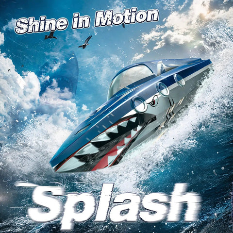 High Speed Predator Hull RC Boat For Kids And Adults Waterproof 2.4GHz Remote Control racing through waves in shining blue.