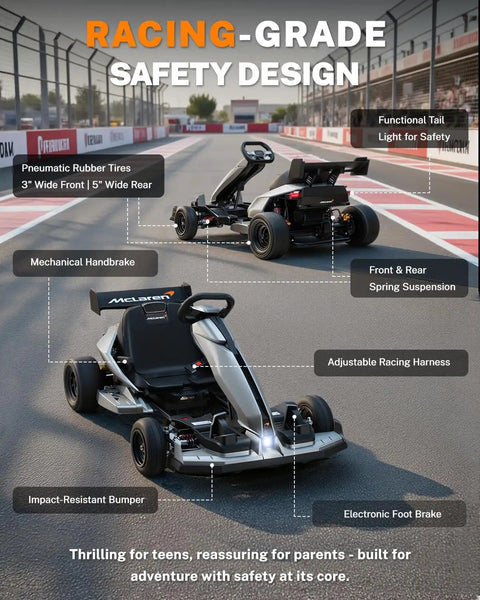 Licensed McLaren 48V Go Kart For Ages 14 And Up Dual 750W Brushless Motors Up To 15 MPH Pro Grade Drift Tires displayed on a track