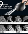 9 Function Shower Head With Built In Power Spray And Pause Button For Deep Clean Rinses, matte black showerhead showing spray options