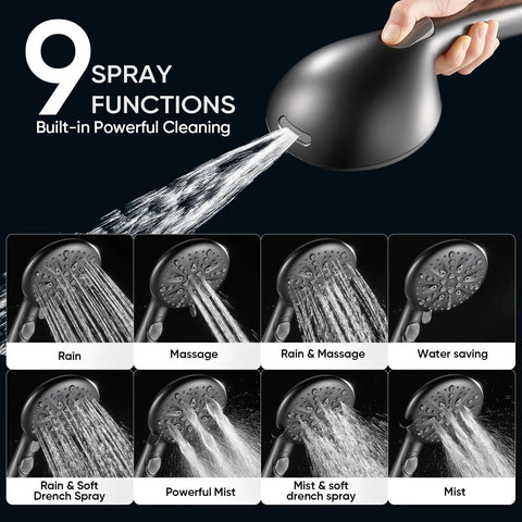 9 Function Shower Head With Built In Power Spray And Pause Button For Deep Clean Rinses, matte black showerhead showing spray options
