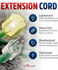 Image showing features of a 25ft Outdoor Indoor Extension Cord 16/3 Gauge Built Tough Heavy Duty 3 Prong SJTW Waterproof Power Cord ETL Listed