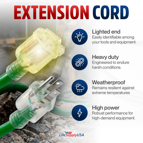 Fifty Foot Tough As Nails Heavy Duty Indoor Outdoor Extension Cord 10 3 Gauge SJTW Waterproof 3 Prong Power Cable ETL Listed