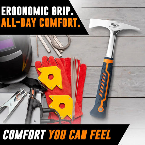 14oz Forged Steel Welding Chipping Hammer For Pros With Dual Ended Pointed And Flat Ends Heavy Duty Slag Removal Tool shown with other welding tools