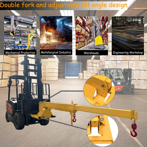 Heavy Hitter Telescoping Forklift Jib Boom Crane Attachment showcasing adjustable tilt and dual forks in a warehouse environment.