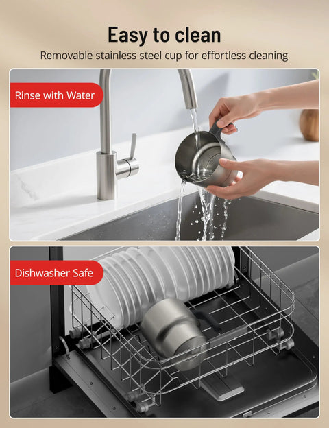 4 In 1 Milk Frother And Steamer With Detachable Milk System, 500ml Capacity being rinsed and loaded into dishwasher