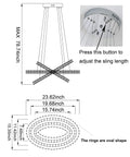 Diagram of Lit Three Ring LED Crystal Chandelier with stainless steel frame showing dimensions and adjustable sling length button.