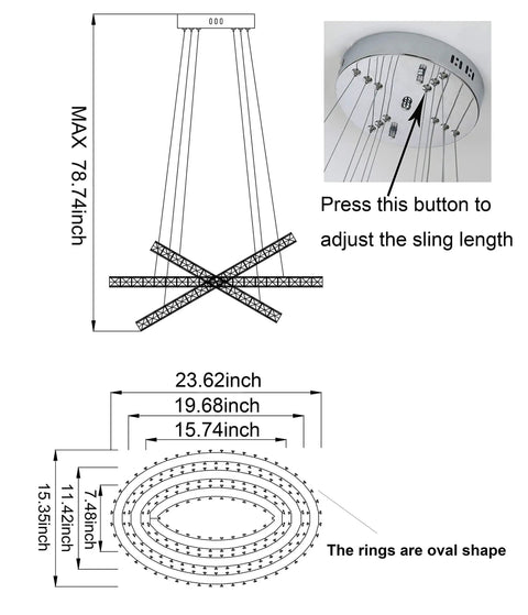 Diagram of Lit Three Ring LED Crystal Chandelier with stainless steel frame showing dimensions and adjustable sling length button.