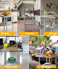 Collage showing Stainless Steel 24x24 Inch Work Table With Backsplash And Wheels Durable Prep Station For Restaurant Hotel Home And Warehouse Use With Locking Wheels And Stabilizing Feet in various settings like kitchen, laundry, garage, repair shop, and backyard.