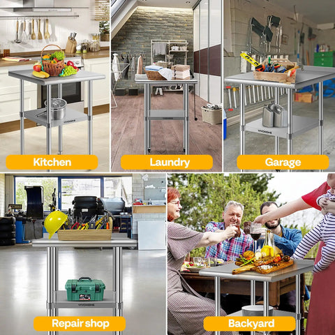 Collage showing Stainless Steel 24x24 Inch Work Table With Backsplash And Wheels Durable Prep Station For Restaurant Hotel Home And Warehouse Use With Locking Wheels And Stabilizing Feet in various settings like kitchen, laundry, garage, repair shop, and backyard.