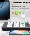 Flat Plug Power Strip Workhorse with 6 outlets and 4 USB ports, 10 ft cord, charging devices with smart identification.