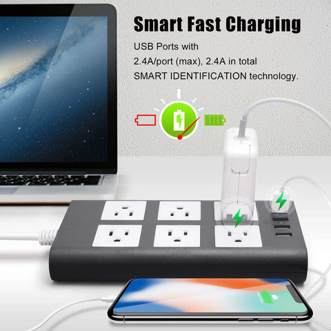 Flat Plug Power Strip Workhorse with 6 outlets and 4 USB ports, 10 ft cord, charging devices with smart identification.