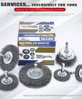 Six Piece Drill Wire Wheel Cup Brush Set With Coarse Crimped Wire displayed with box packaging on white background.