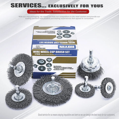 Six Piece Drill Wire Wheel Cup Brush Set With Coarse Crimped Wire displayed with box packaging on white background.