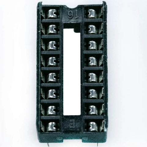 16 Pin DIP IC Socket, 2 Row, 2.54mm Pitch, Solder Type DIP Socket Adapter For PCB Boards, top view close-up