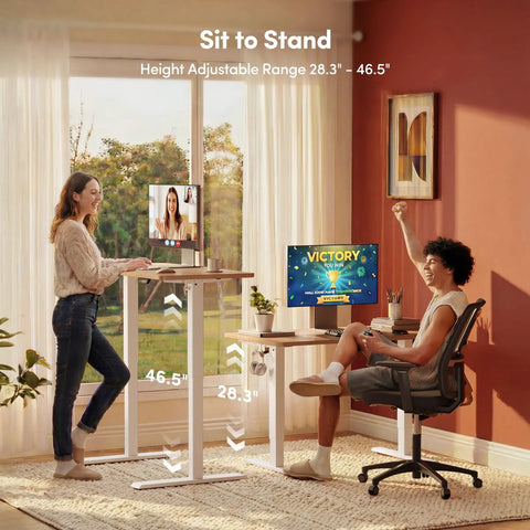 Two people using Electric Height Adjustable Standing Desk 48 Inch By 24 Inch With One Touch Lift and Three Memory Presets
