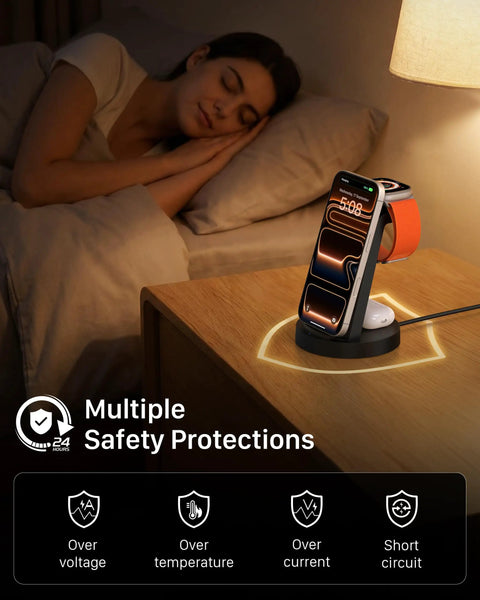 3 In 1 Wireless Charging Station For iPhone Apple Watch And AirPods No Fuss All In One USB-C Dock on bedside table with sleeping woman
