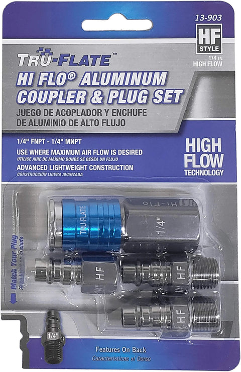 Tru-Flate HI FLO aluminum plug/coupler set, 1/4 in FNPT to 1/4 in MNPT, high-flow