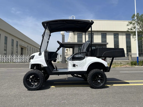 Two Seater Electric Golf Cart With 48V Lithium Battery And Heavy Duty Plastic Bed Powered By A Badass 4Kw Motor in white, side view.