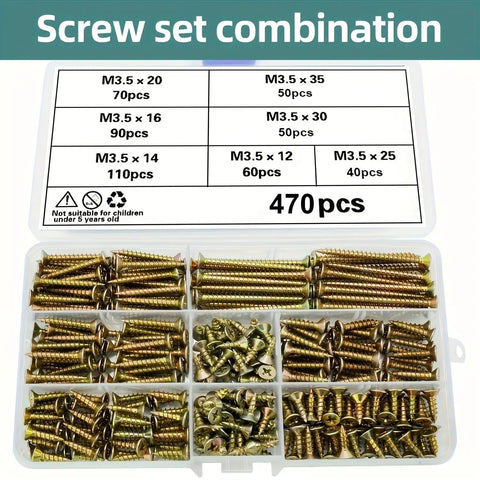 470 Piece M3.5 Zinc Plated Phillips Flat Head Wood Screw Assortment Kit With Seven Lengths, Self Tapping Fasteners For DIY Projects, Handy Box Of Phillips Drive Wood Screws For Furniture And Deck Repairs, assorted screws in organizer box