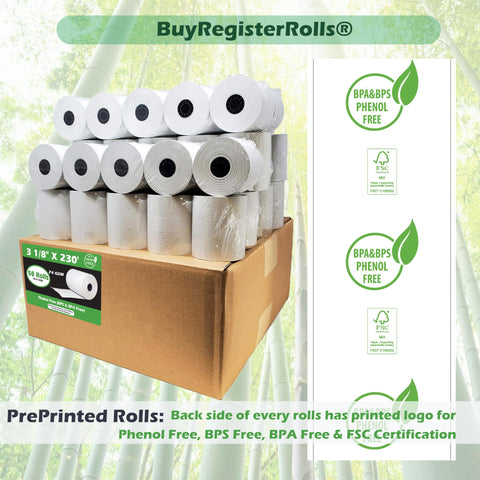 Box of Phenol Free 74 GSM Extra Thick Thermal Paper Receipt Rolls 3 1/8 X 230, 50 Rolls, BPA Free, BPS Free, FSC Certified