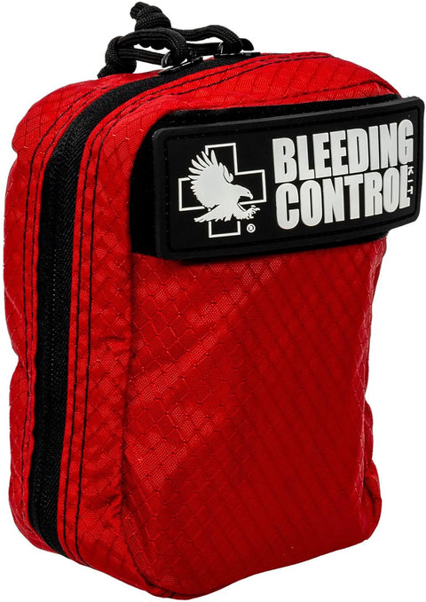 North American Rescue compact bleeding-control kit bag, red pouch with black Bleeding Control patch
