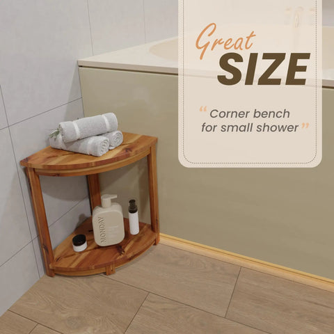 Wood Corner Shower Bench With Storage Shelf For Tight Bathrooms in corner with towels and toiletries.