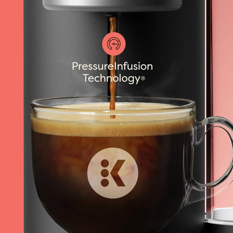Crema Ready Single Serve Coffee Maker With Pressure Infusion For Rich Crema And Espresso Style Shots pouring espresso into cup