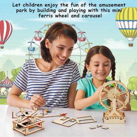 Mother and daughter assembling 4 In 1 STEM Kit For Kids Ages 6 13 Build A Ferris Wheel Carousel Fiber Optic Lamp And Starry Night Light