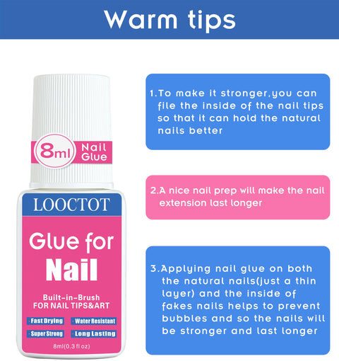 Ultra Fast Nail Glue For Nail Tips Acrylic Nails And Press On Nails With Built In Brush 8ml bottle with application tips.