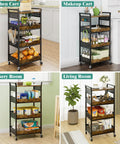 Sleek Four Tier Rolling Storage Cart Built With Sturdy Metal And Smooth Wood Shelves, showing kitchen, makeup, nursery, and living room setups.