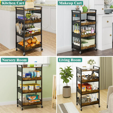 Sleek Four Tier Rolling Storage Cart Built With Sturdy Metal And Smooth Wood Shelves, showing kitchen, makeup, nursery, and living room setups.